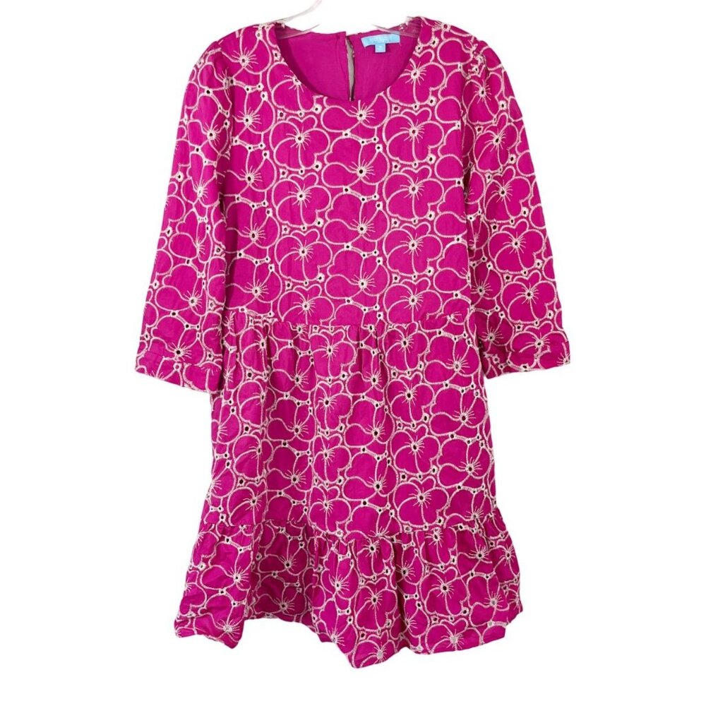 Draper James Pink Floral Embroidered Long‎ Sleeve Dress Ruffle Hem - Size Medium
